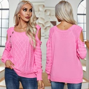 Buttoned Elegance Cold Shoulder Sweater - Pink